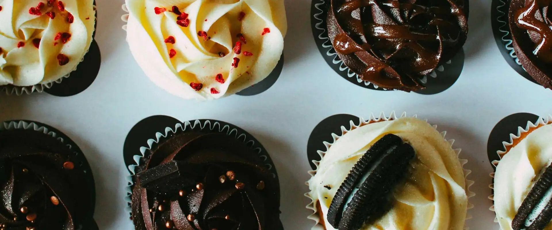 Overhead view of assorted cupcakes